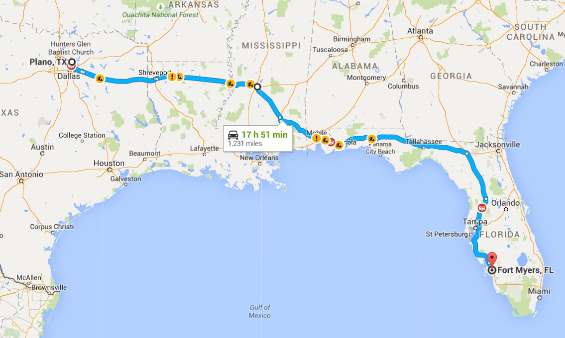 Driving Route Between Plano and Fort Myers
