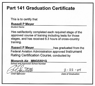 Monarch Air Flight School Graduation Certificate