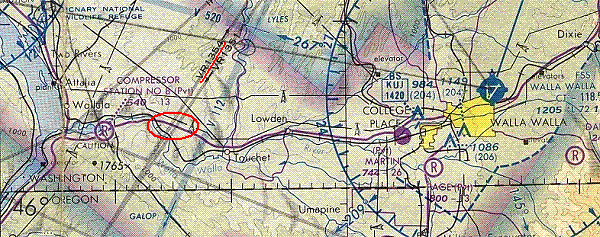 1986 Seattle Sectional excerpt showing VR1354 crossing the road where my Dad saw the green object.